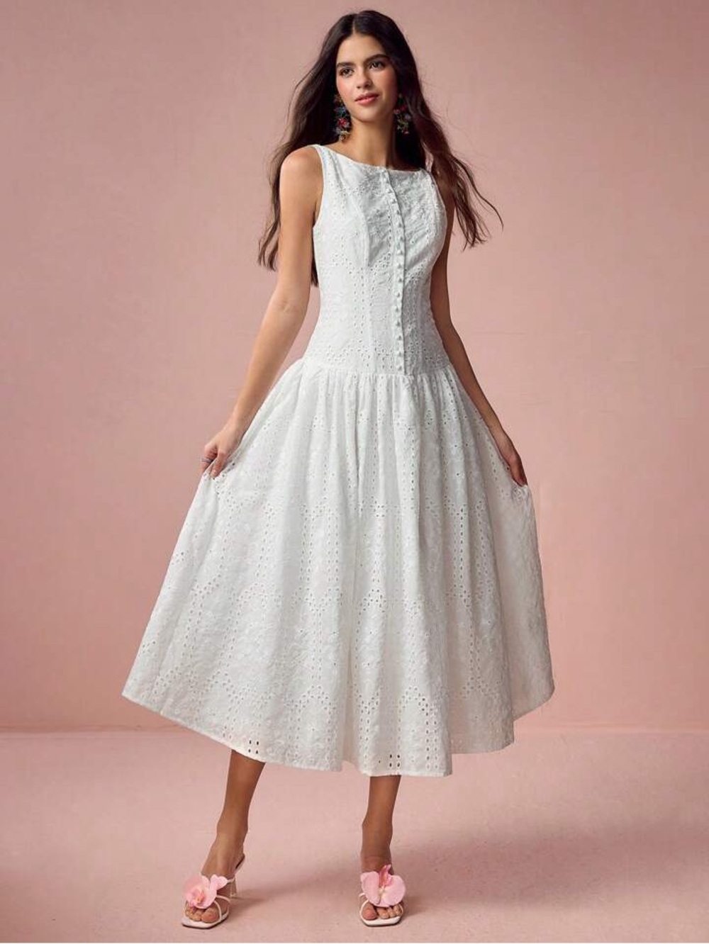 Commense White Eyelet Midi Dress with Button Front